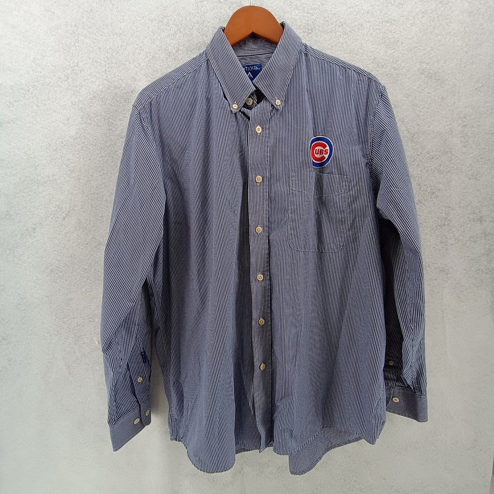 Antigua Mens Chicago Cubs Blue Gingham Long Sleeve Button Down Shirt Sz Large